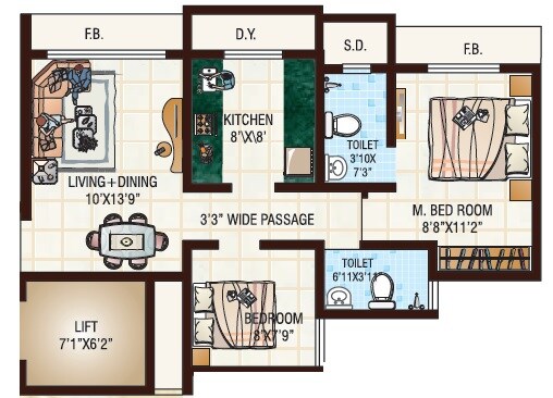 Floor plan of 2 BHK 473 Sq. Ft. Apartment in JVM Tiara, Thane