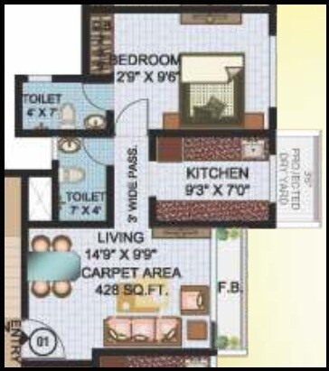 Floor plan of 1 BHK 695 Sq. Ft. Apartment in JVM Twin Tower, Thane