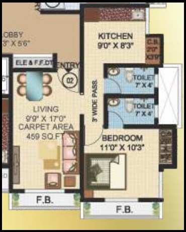 Floor plan of 1 BHK 708 Sq. Ft. Apartment in JVM Twin Tower, Thane