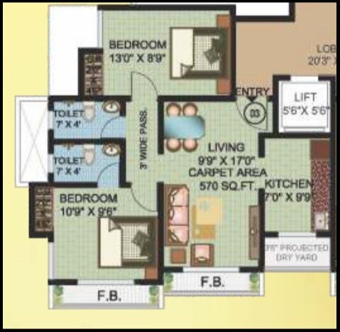 Floor plan of 2 BHK 744 Sq. Ft. Apartment in JVM Twin Tower, Thane