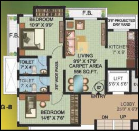 Floor plan of 2 BHK 909 Sq. Ft. Apartment in JVM Twin Tower, Thane