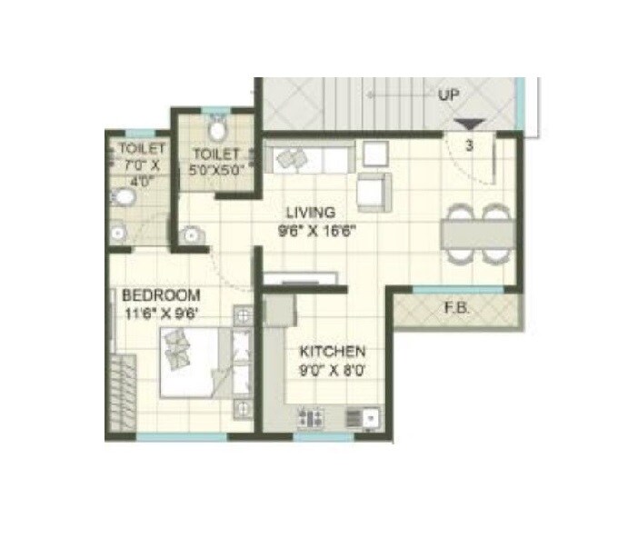 Floor plan of 1 BHK 400 Sq. Ft. Apartment in K M Horizon Palms 2, Thane
