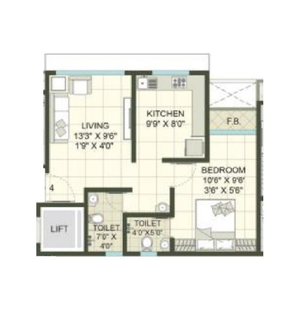Floor plan of 1 BHK 450 Sq. Ft. Apartment in K M Horizon Palms 2, Thane