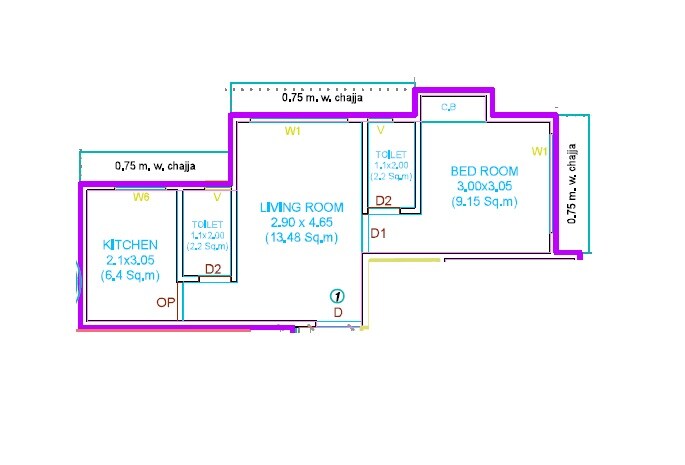 Floor plan of 1 BHK 450 Sq. Ft. Apartment in K M Horizon Palms, Thane