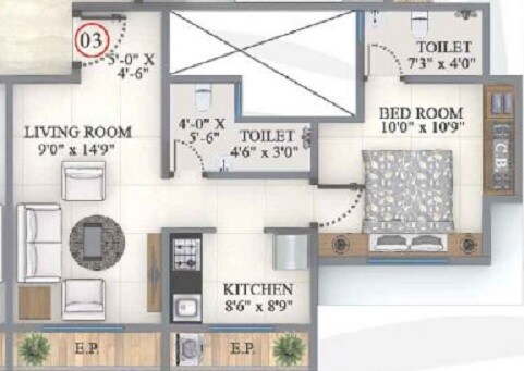 Floor plan of 1 BHK 428 Sq. Ft. Apartment in K M Horizon Palms III, Thane