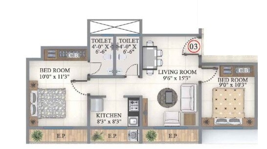 Floor plan of 2 BHK 511 Sq. Ft. Apartment in K M Horizon Palms III, Thane