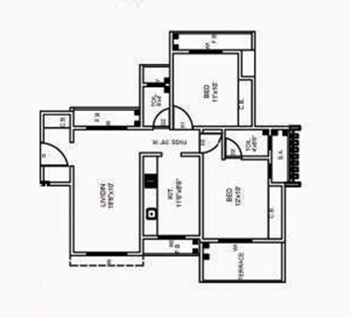 Floor plan of 2 BHK 594 Sq. Ft. Apartment in K P Millenium Heights, Thane