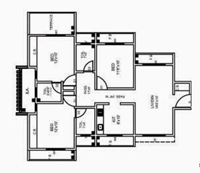 Floor plan of 3 BHK 815 Sq. Ft. Apartment in K P Millenium Heights, Thane