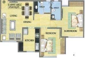Floor plan of 2 BHK 1070 Sq. Ft. Apartment in Kabra Alya and Garnet, Thane