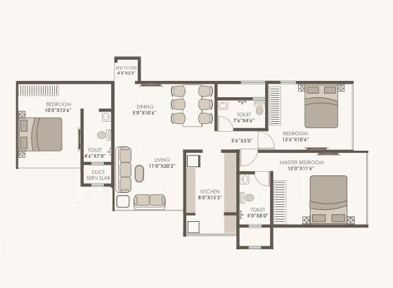 Floor plan of 3 BHK 1395 Sq. Ft. Apartment in Kabra Galaxy Star 3, Thane