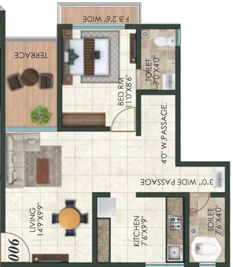Floor plan of 1 BHK 339 Sq. Ft. Apartment in Kairali Park, Thane