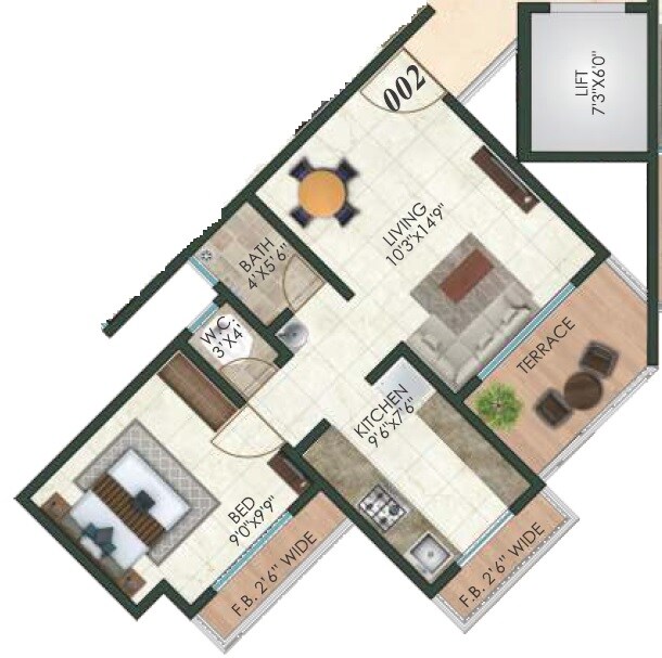Floor plan of 1 BHK 401 Sq. Ft. Apartment in Kairali Park, Thane