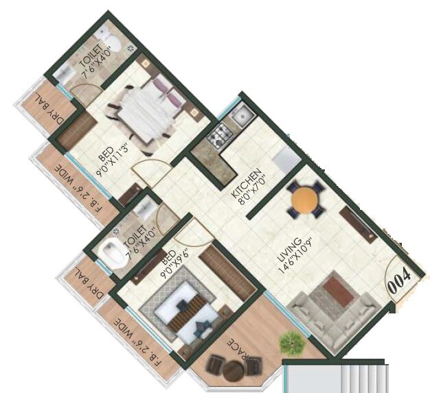 Floor plan of 2 BHK 481 Sq. Ft. Apartment in Kairali Park, Thane
