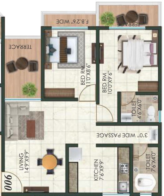 Floor plan of 2 BHK 563 Sq. Ft. Apartment in Kairali Park, Thane