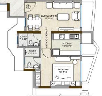Floor plan of 1 BHK 487 Sq. Ft. Apartment in Kalpataru Hills Phase II, Thane