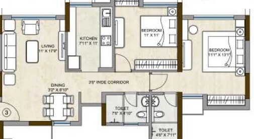 Floor plan of 2 BHK Apartment - 632 sq. ft. in Kalpataru Hills, Thane