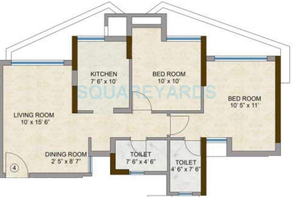Floor plan of 2 BHK Apartment - 881 sq. ft. in Kalpataru Hills, Thane