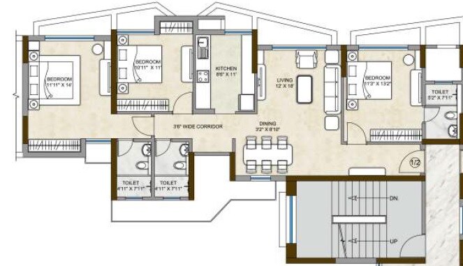 Floor plan of 3 BHK Apartment - 1324 sq. ft. in Kalpataru Hills, Thane