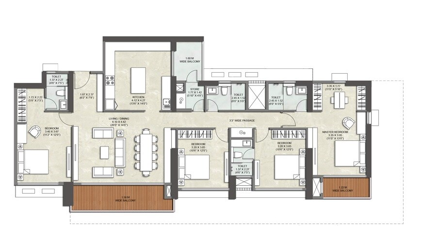 Floor plan of 4 BHK 1753 Sq. Ft. Apartment in Kalpataru Immensa, Thane