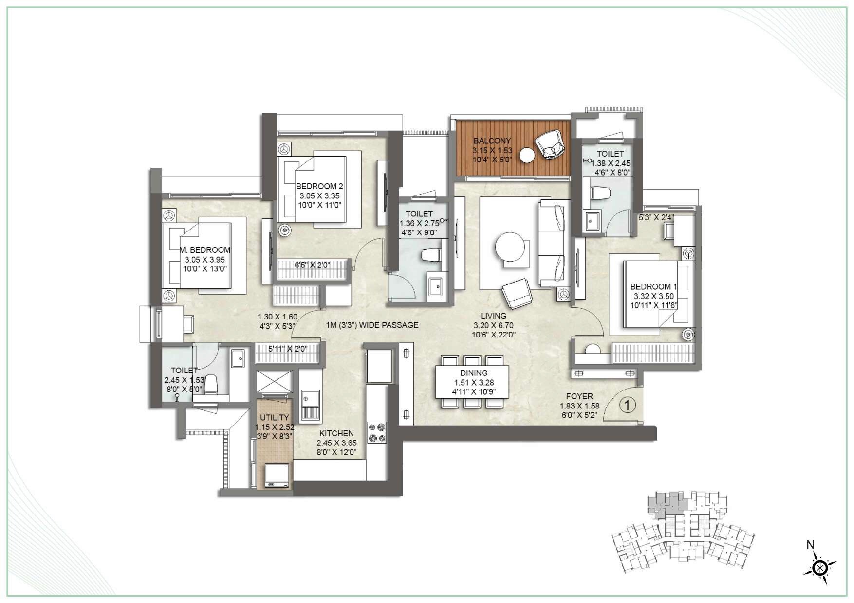 3 BHK 950 Sq. Ft. Apartment