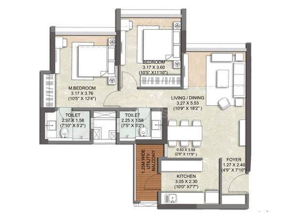 Floor plan of 2 BHK 636 Sq. Ft. Apartment in Kalpataru Parkcity Sunrise, Thane