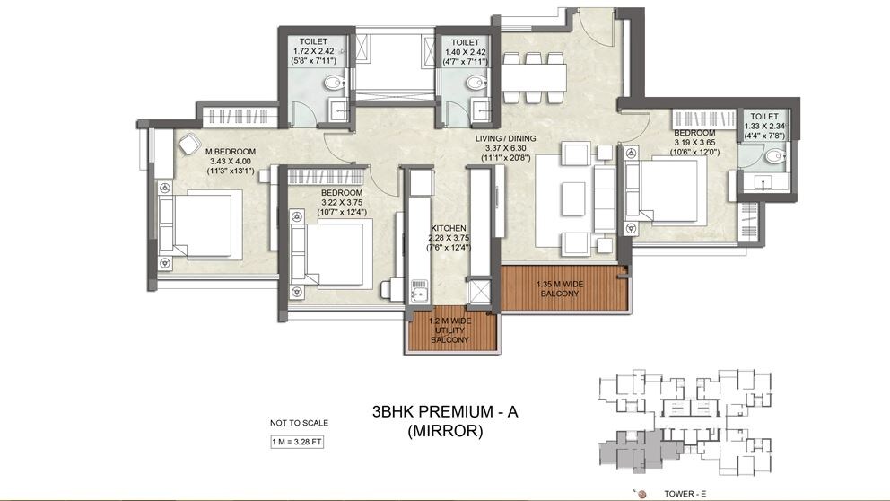 Floor plan of 3 BHK 1039 Sq. Ft. Apartment in Kalpataru Parkcity Sunrise, Thane