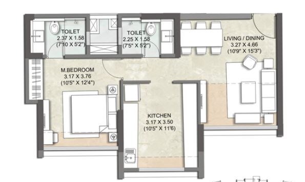 Floor plan of 1 BHK 580 Sq. Ft. Apartment in Kalpataru Parkcity Sunrise C, Thane