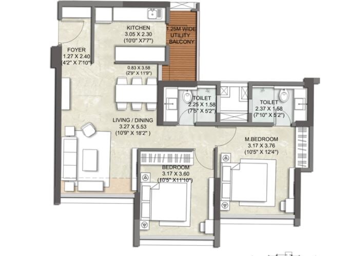 Floor plan of 2 BHK 779 Sq. Ft. Apartment in Kalpataru Parkcity Sunrise C, Thane