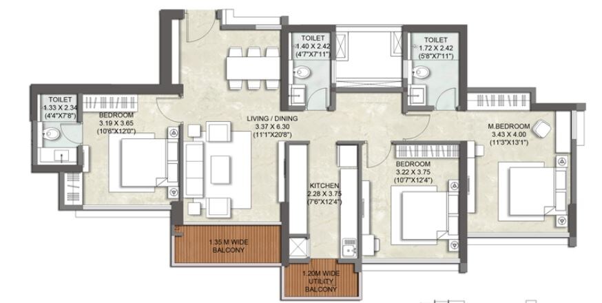 Floor plan of 3 BHK 1055 Sq. Ft. Apartment in Kalpataru Parkcity Sunrise D, Thane