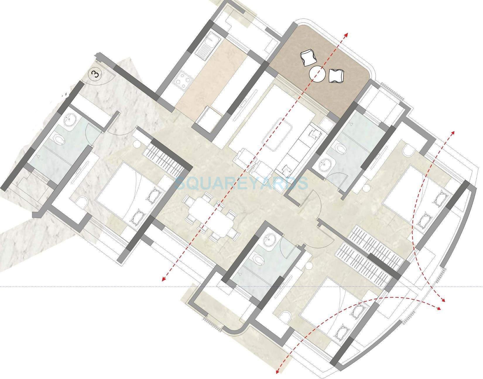 Floor plan of 3 BHK 1902 Sq. Ft. Apartment in Kalpataru Siddhachal Elite, Thane