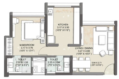 Floor plan of 1 BHK 446 Sq. Ft. Apartment in Kalpataru Sunrise Grande, Thane