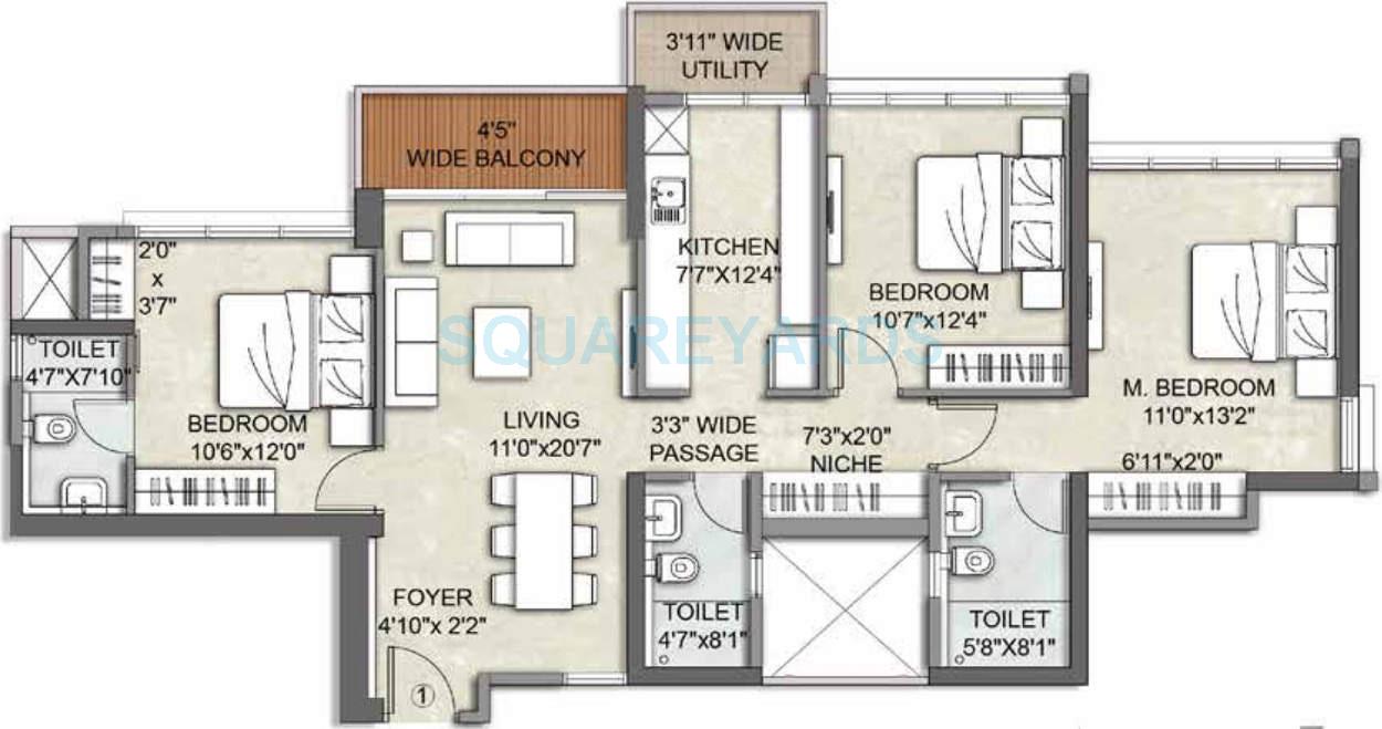 Floor plan of 3 BHK 935 Sq. Ft. Apartment in Kalpataru Sunrise Grande, Thane