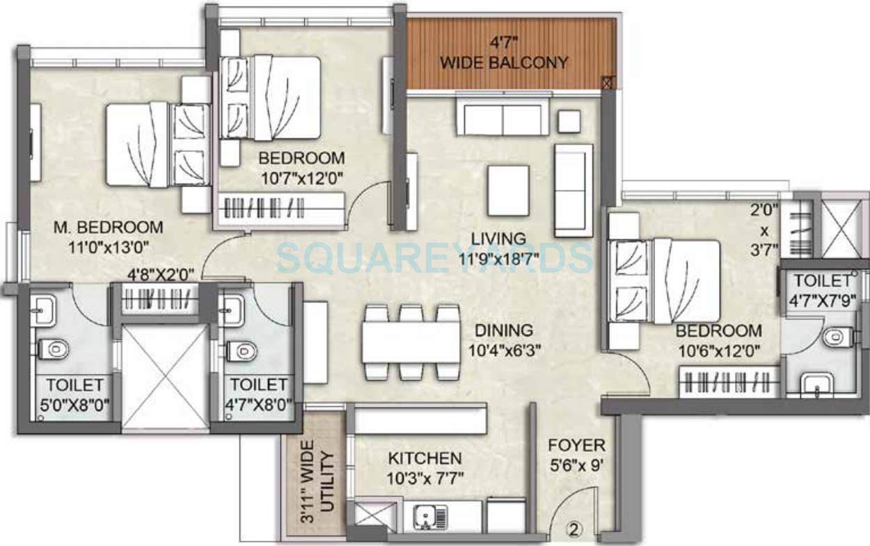 Floor plan of 3 BHK 995 Sq. Ft. Apartment in Kalpataru Sunrise Grande, Thane