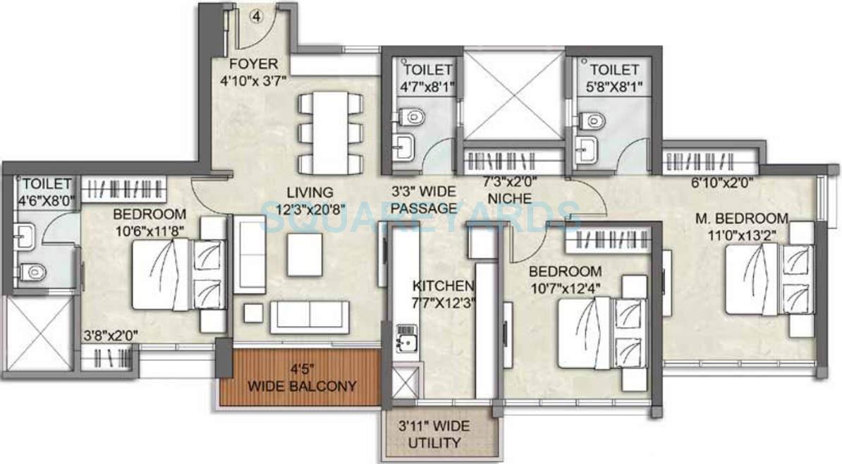 Floor plan of 3 BHK 1055 Sq. Ft. Apartment in Kalpataru Sunrise Grande, Thane