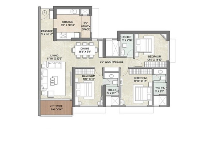 Floor plan of 3 BHK 1208 Sq. Ft. Apartment in Kalpataru Tarangan 1, Thane
