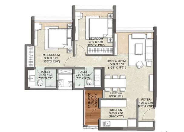 Floor plan of 2 BHK 796 Sq. Ft. Apartment in Kalpataru The Sunrise, Thane