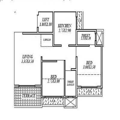 Floor plan of 2 BHK 655 Sq. Ft. Apartment in Kalyan Mangeshi Dazzle II, Thane