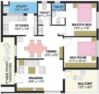 Floor plan of 2 BHK 1090 Sq. Ft. Apartment in Kanakia Spaces Vasundhara, Thane