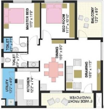 Floor plan of 2 BHK 1175 Sq. Ft. Apartment in Kanakia Spaces Vasundhara, Thane