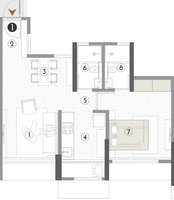 Floor plan of 1 BHK 486 Sq. Ft. Apartment in Kanungo Beaumonde, Thane