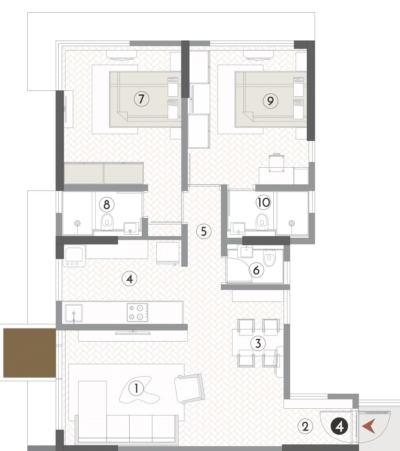 Floor plan of 2 BHK 684 Sq. Ft. Apartment in Kanungo Beaumonde, Thane