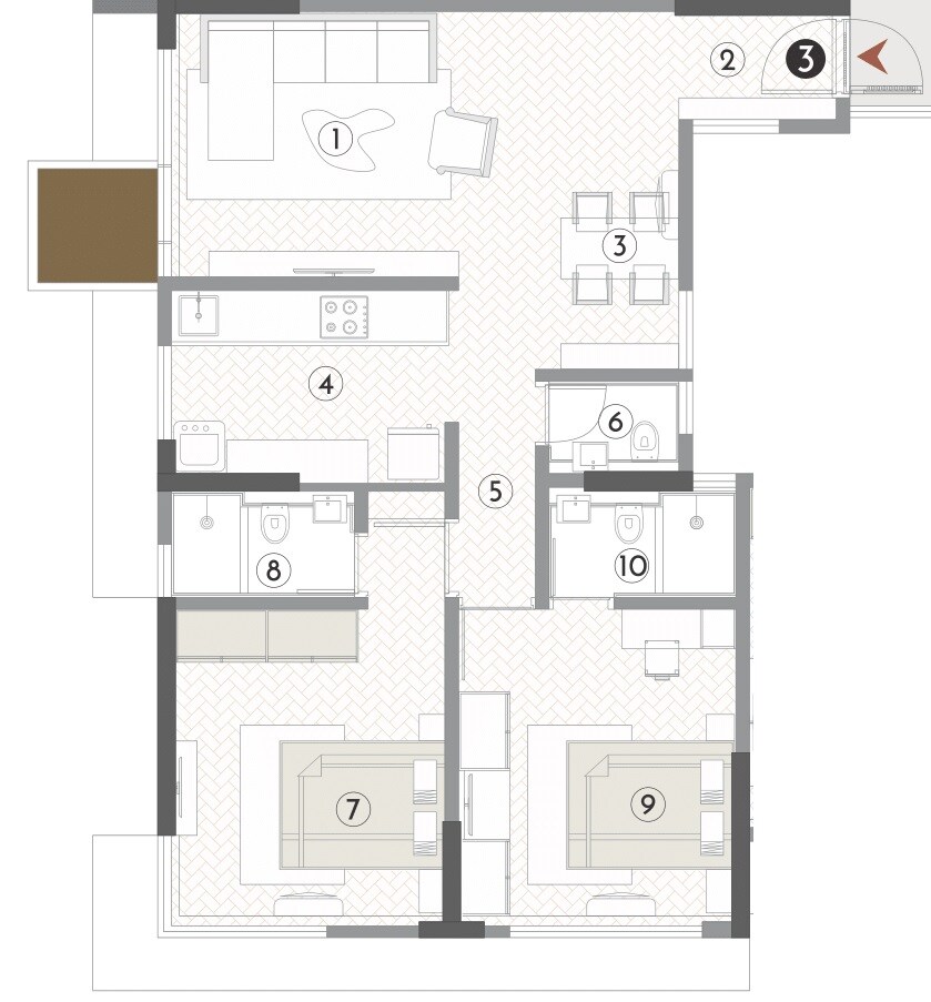 Floor plan of 2 BHK 750 Sq. Ft. Apartment in Kanungo Beaumonde, Thane