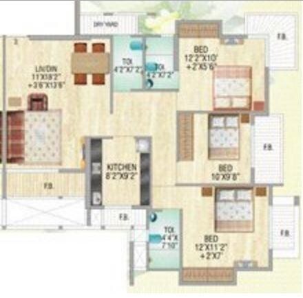 Floor plan of 3 BHK 1685 Sq. Ft. Apartment in Kanungo Garden City Phase II, Thane