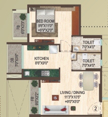Floor plan of 1 BHK 675 Sq. Ft. Apartment in Kanungos Garden City, Thane