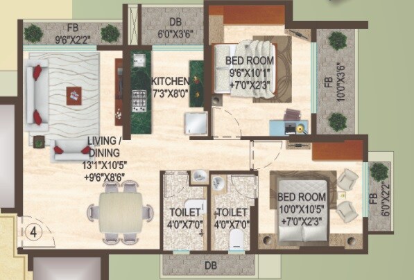 Floor plan of 2 BHK 980 Sq. Ft. Apartment in Kanungos Garden City, Thane