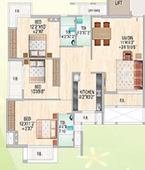 Floor plan of 3 BHK 1360 Sq. Ft. Apartment in Kanungos Garden City, Thane