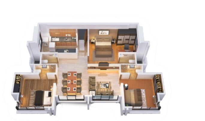 Floor plan of 3 BHK Apartment - 905 sq. ft. in Karnani Ambika City, Thane