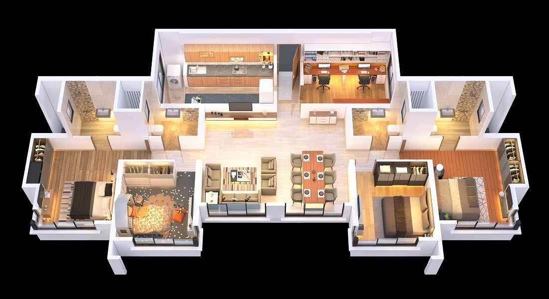 Floor plan of 4 BHK Apartment - 1290 sq. ft. in Karnani Ambika City, Thane