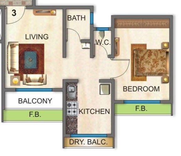 Floor plan of 1 BHK 386 Sq. Ft. Apartment in Karrm Residency 4, Thane