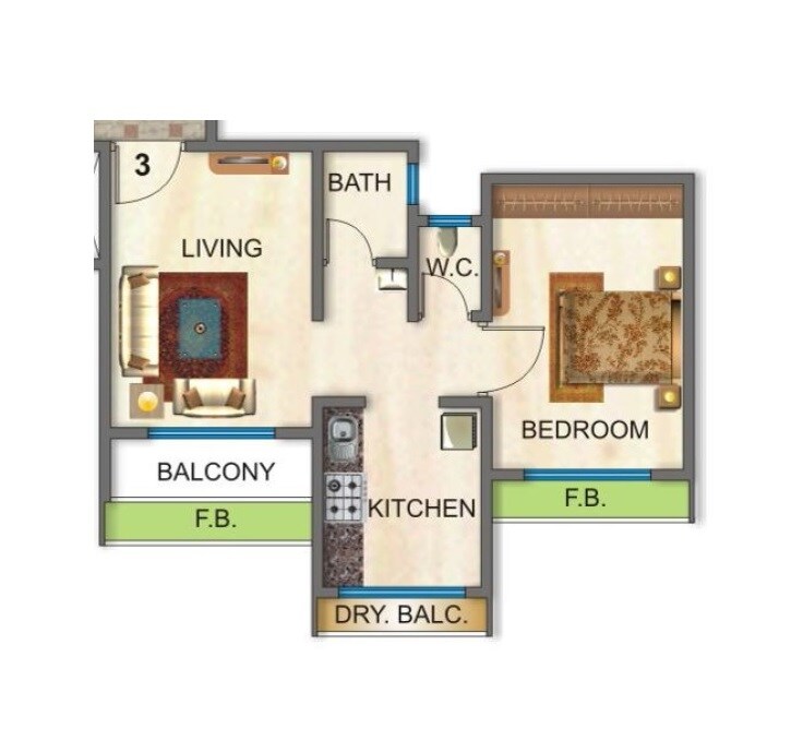 Floor plan of 1 BHK 386 Sq. Ft. Apartment in Karrm Residency, Thane